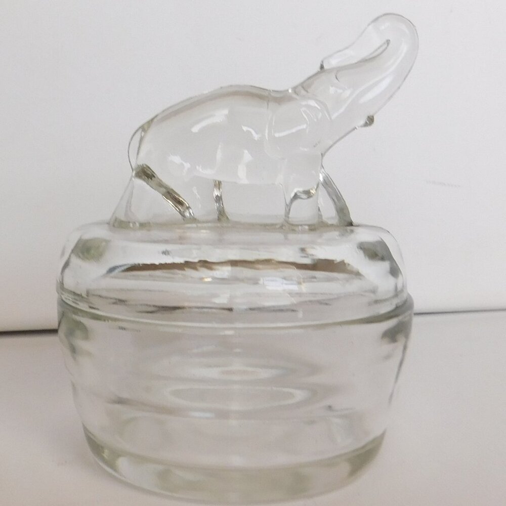 Elephant Lid Clear Glass Powder Trinket Dish Vintage Jeannette Glass Co